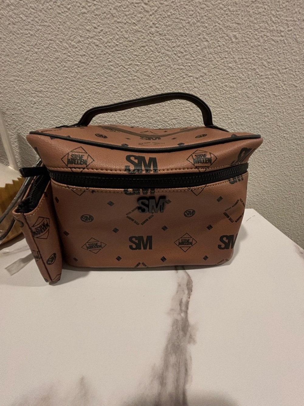 Steve Madden Tan and Black Logo Cosmetic Bag